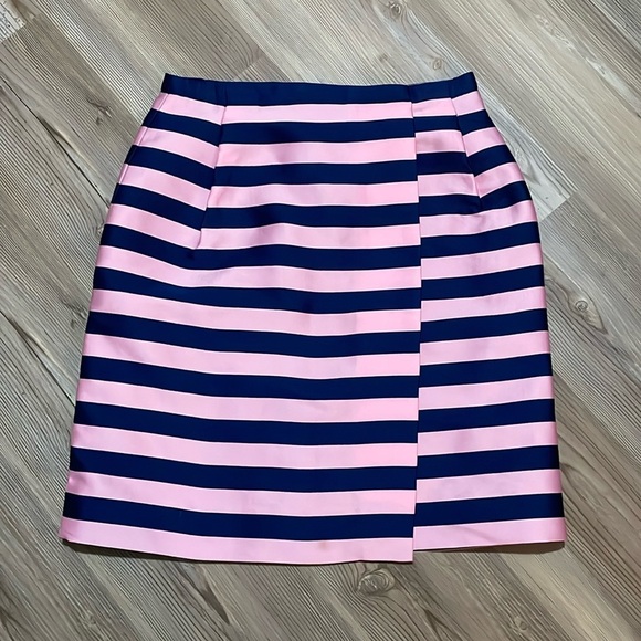 J. Crew Pencil Skirt Wrap Pink Navy Striped Size 00 Silk blend Classy Trendy NWT - Picture 3 of 13
